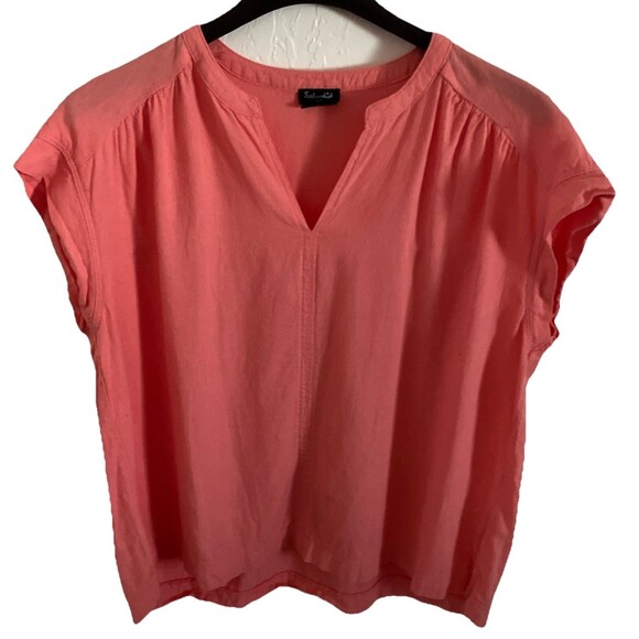 Splendid Top Blouse L Coral Orange LINEN Blend Minimalist Beachy Light Academia - Picture 1 of 3